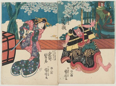 Actors Ichikawa Ebizo V as Ubara no Tagohei and Iwai Shijaku I as the Courtesan Keisei Sugawara, Actually Jitsu wa Kiku no mae by Utagawa Kuniyoshi